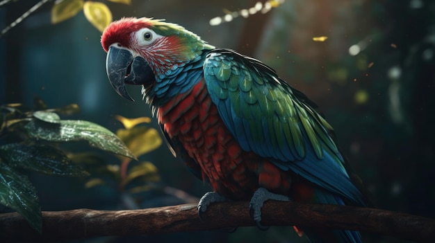 Un pappagallo si siede su un ramo nella giungla.