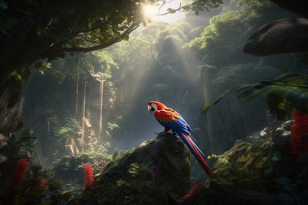 Un pappagallo si siede su una roccia in una giungla con il sole che splende attraverso gli alberi.