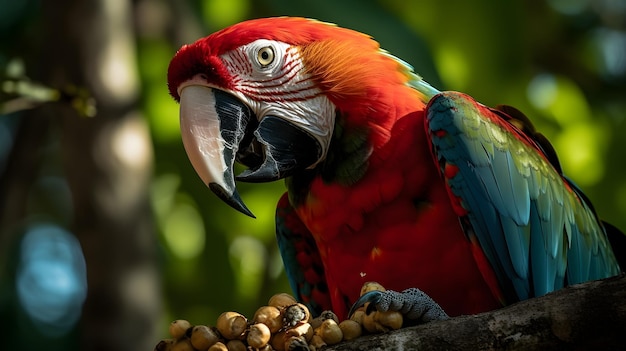 Un pappagallo siede su un ramo con un becco verde e rosso.