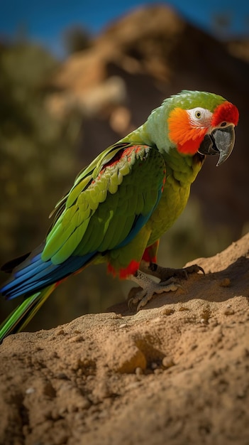 Un pappagallo verde e rosso con piume blu è seduto su una roccia.