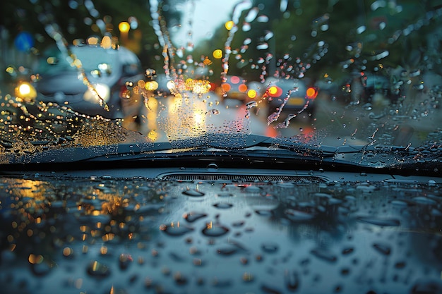 Un parabrezza coperto di pioggia con auto e luci di strada sullo sfondo di notte con la pioggia