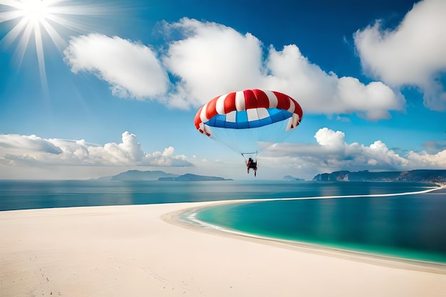 Un paracadute rosso e bianco sta volando sopra una spiaggia con un uomo in un paracaduta a righe rosse e bianche.
