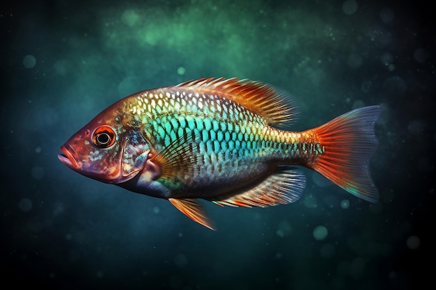 Un paradiso di pesci tropicali nei toni del blu e del verde generato dall'intelligenza artificiale