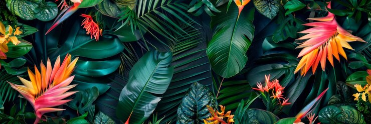 Un paradiso tropicale esotico con fiori esotici, protee e fogliame tropicale per creare un'atmosfera lussuosa ed esotica.