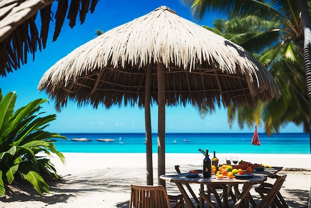 Un paradiso tropicale si apre con un ombrello da spiaggia e acque invitanti con frutta fresca