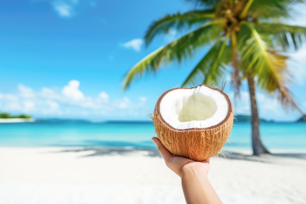 Un paradiso tropicale Un cocktail sulla spiaggia con una noce di cocco sotto un cielo blu