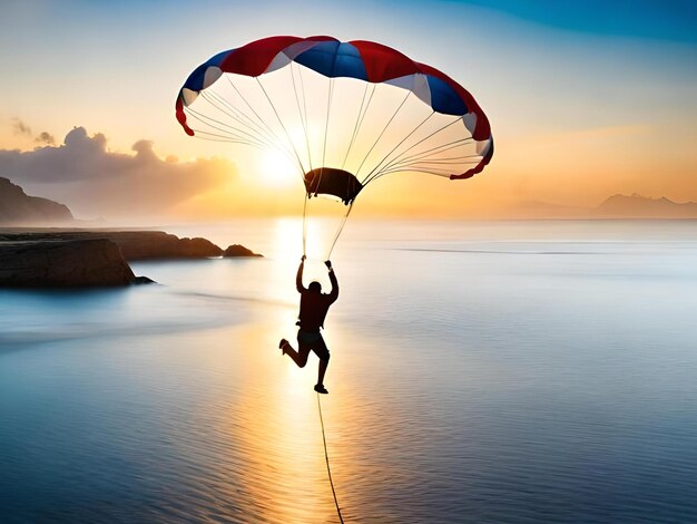 Un parapendio è sospeso sull'oceano e il sole si staglia nel cielo