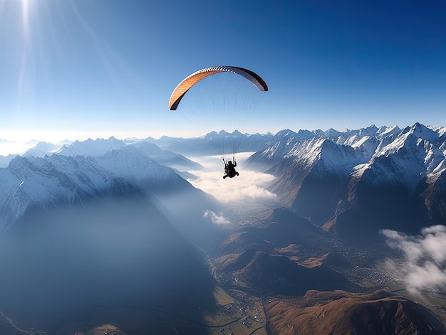 Un parapendio sorvola una catena montuosa illuminata dal sole.