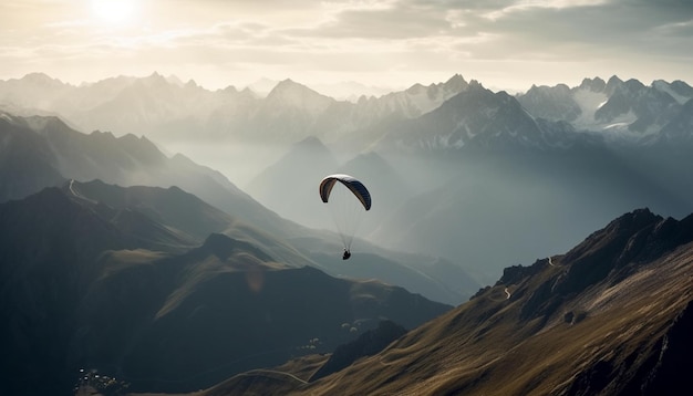 Un parapendio sorvola una catena montuosa.