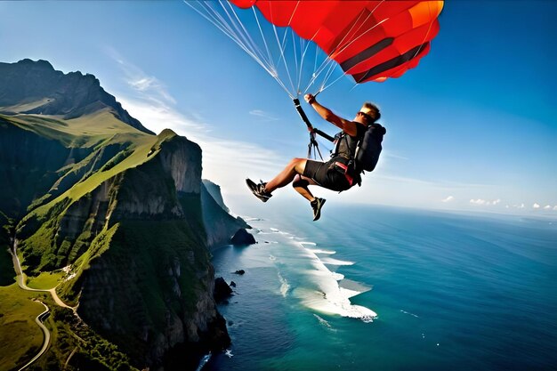 Un parapendio sta volando sopra l'oceano e l'uomo sta facendo il parapenduo.