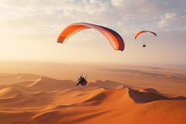 un parapendio vola sopra le dune di sabbia.