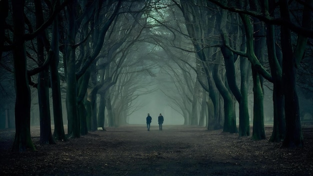 Un parco buio inquietante con due persone in lontananza