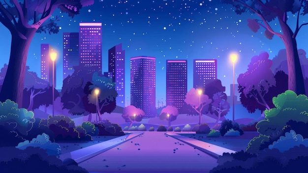 Un parco cittadino estivo di notte Illustrazione moderna di cartoni animati di grattacieli illuminati da sentieri pedonali di colore neon in un parco buio arbusti e alberi e un cielo stellato