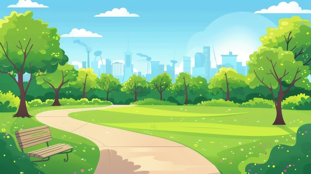 Un parco cittadino estivo o primaverile un luogo pubblico vuoto per passeggiate e ricreazione con alberi verdi e prato Un'illustrazione di cartone animato di un giardino urbano con sentiero