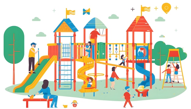 Un parco giochi colorato con bambini e adulti felici