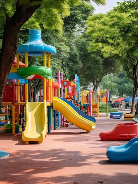 un parco giochi colorato con scivoli e alberi sullo sfondo