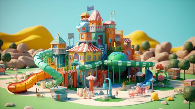 Un parco giochi colorato con uno scivolo d'acqua e uno sfondo di cielo blu.