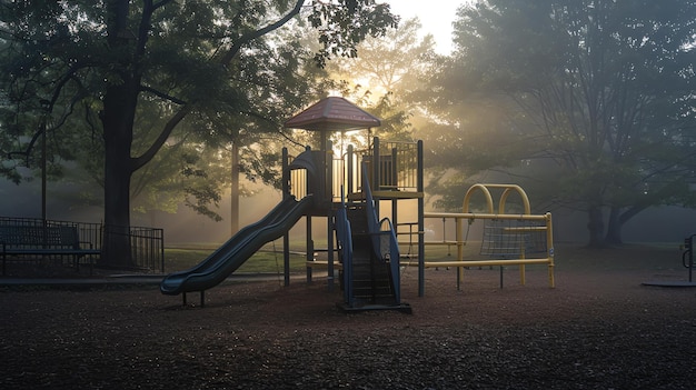 Un parco giochi solitario nella nebbia mattutina il sole sta cercando di sfondare le nuvole ma la nebbia è ancora spessa