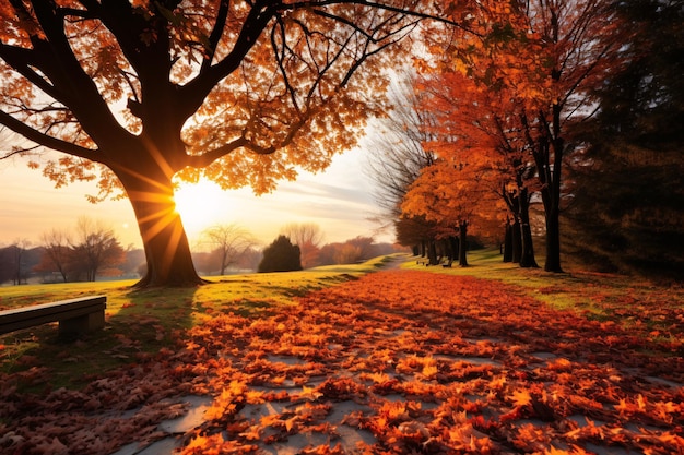 Un parco in autunno con foglie cadute