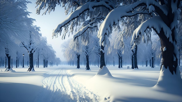 Un parco invernale con alberi coperti di neve dopo una bufera di neve Generation AI