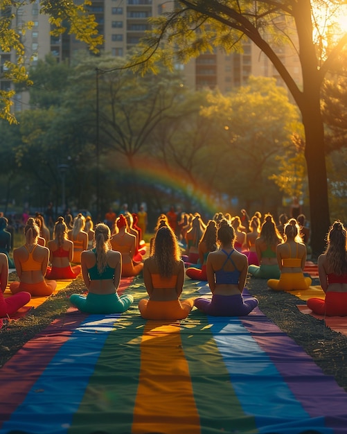 Un parco per le lezioni di yoga a tema Pride