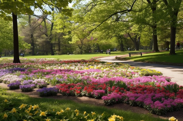 Un parco pieno di fiori che sbocciano in primavera