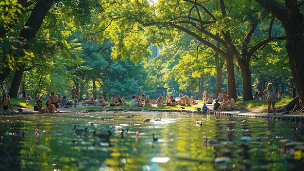 Un parco pubblico affollato dove le famiglie raccolgono carta da parati