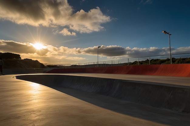 un parco skateboard ha una recinzione e un tramonto sullo sfondo