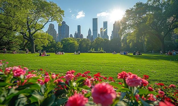Un parco urbano illuminato dal sole con prati verdi e fiori