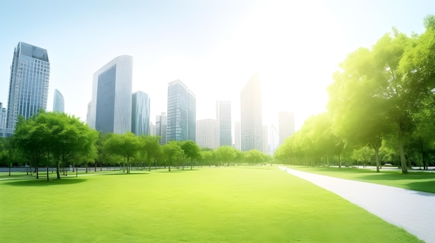 Un parco verde con un paesaggio urbano sullo sfondo