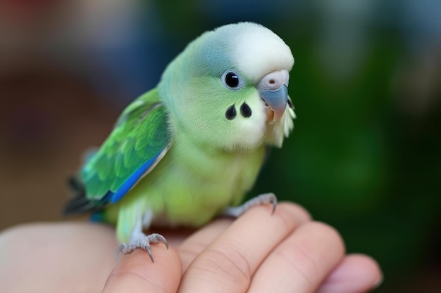 Un parrocchetto verde siede sulla mano di una persona.