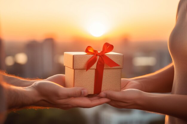 Un partner che sorprende il suo partner con una piccola scatola regalo