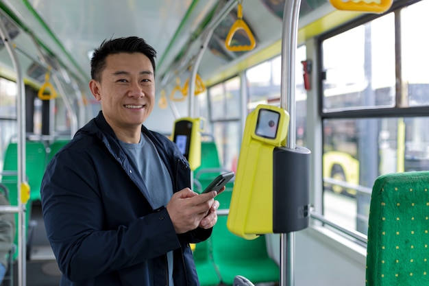 Un passeggero maschio asiatico felice e di successo nel trasporto pubblico ha acquistato un biglietto utilizzando un telefono cellulare sorridendo e guardando la telecamera