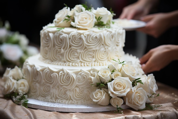 un pasticciere che decora delicatamente una torta nuziale Ai ha generato