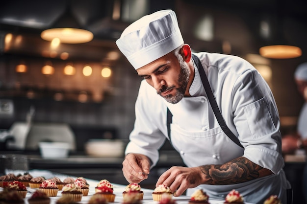 un pasticciere che decorano o preparano accuratamente un dessert in una cucina industriale ben attrezzata