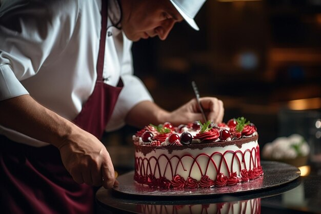 Un pasticciere in uniforme decora la torta.