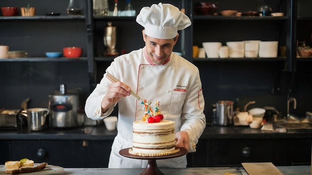 Un pasticciere in uniforme decora la torta.