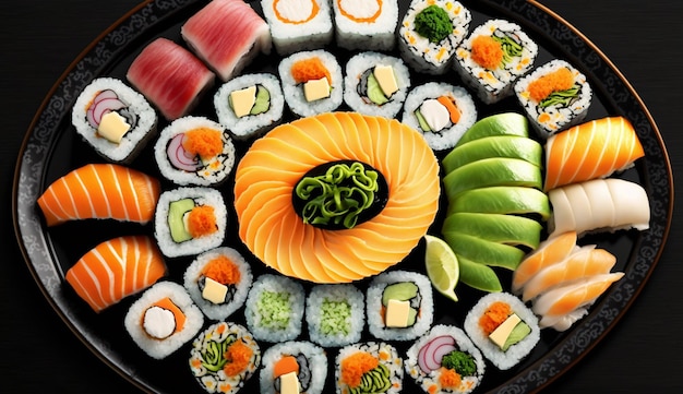 Un pasto a base di pesce fresco con maki sashimi e sushi AI generativa