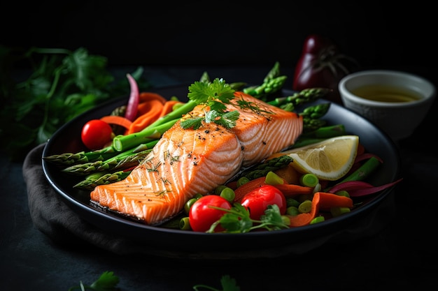 Un pasto delizioso e salutare per il tuo pesce Filetto di salmone arrosto Concetto di cibo sano