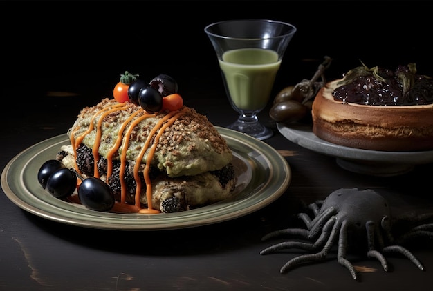 un pasto di Halloween composto da pane e spaghetti conditi con un ragno e olive