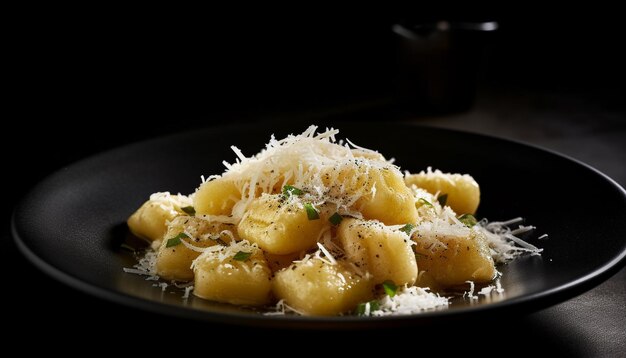 Un pasto gourmet appena cucinato su un piatto giallo sano e delizioso generato dall'intelligenza artificiale