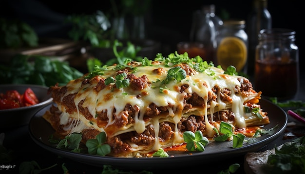 Un pasto gourmet lasagne carne salsa di pomodoro pasta cotta generata dall'intelligenza artificiale