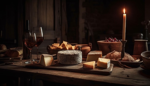 Un pasto rustico con vino di pane fresco e formaggio Camembert generato da AI