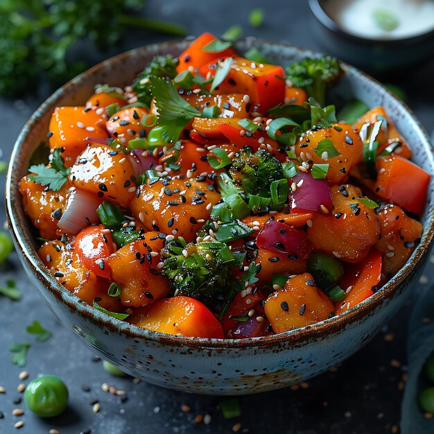 Un pasto vegetariano sano con verdure fresche e salsa salata