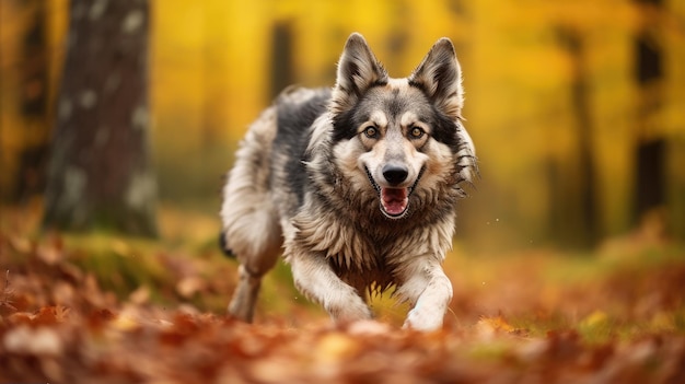 Un pastore tedesco corre tra le foglie in autunno