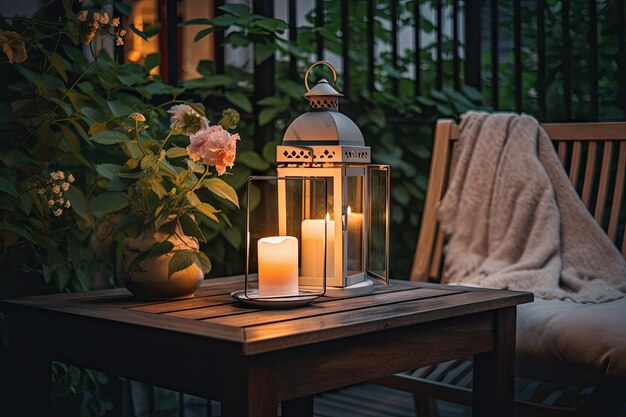 Un patio accogliente con una lanterna, candele e fiori per una serata romantica creata con l'IA generativa