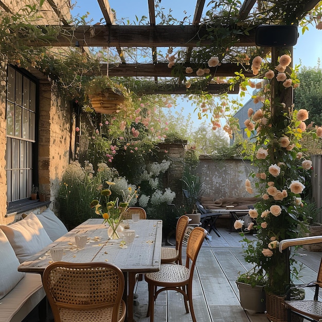 Un patio con un tavolo e sedie e una panchina con fiori su di essa e un tetto pergolato