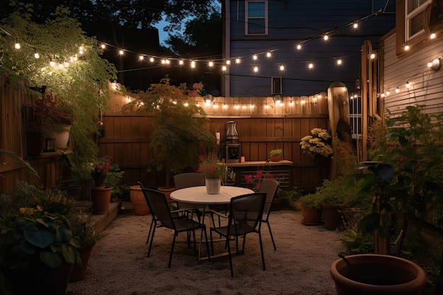 Un patio esterno privato con vista sul giardino e illuminazione da bistrot