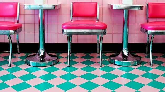 Un pavimento a scacchi rosa e verde con un pavimento a scacchi rosa e verde.