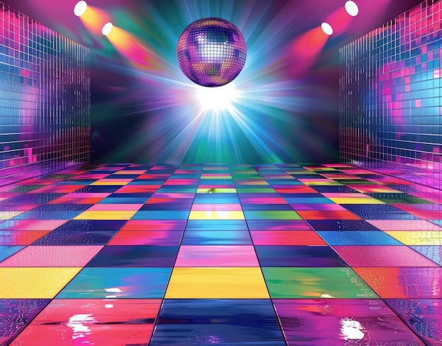 un pavimento colorato con una palla da discoteca